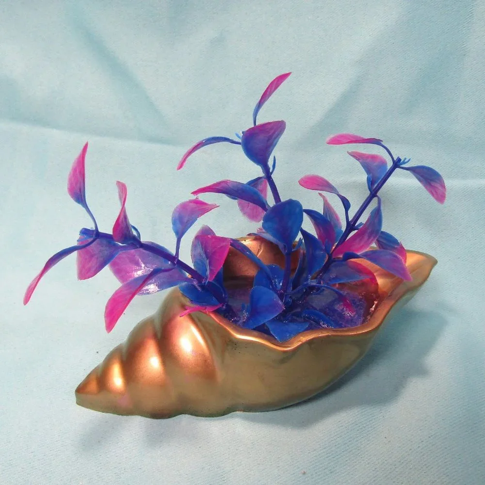 Aquarium Decoration - Gold Long Shell with Pink and Blue Plant.
